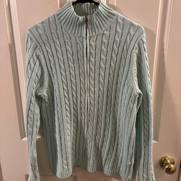 L.L. Bean Women's Teal Full Zip Double L Cable Knit Cardigan Sweater ~ Large - Picture 1 of 4